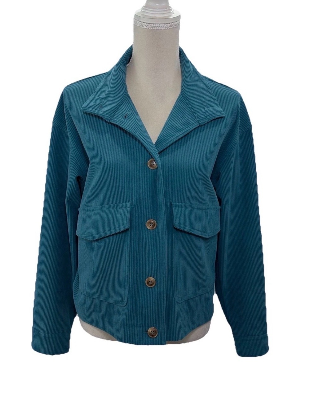 Avec Les Filles Teal Corduroy Button-Front Utility Jacket